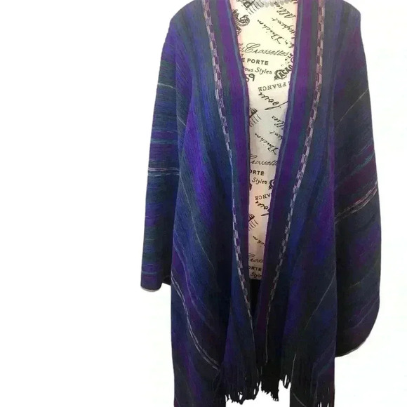 Just Jamie Southwestern Boho Wrap Shawl Sweater Blue, Green, Purple Stripe OS - Picture 1 of 5